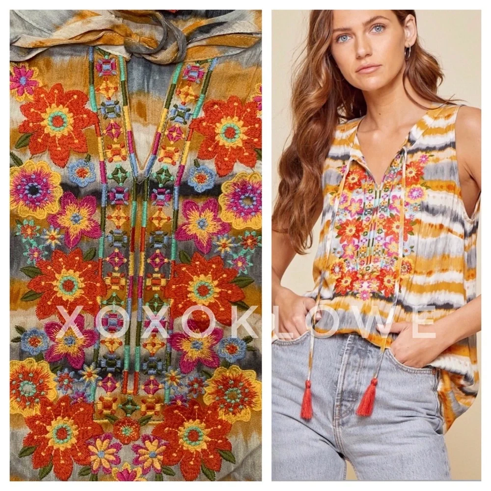 Savanna Jane Yellow & Cream Dip Dyed Embroidered Split Neck Top - Picture 1 of 12